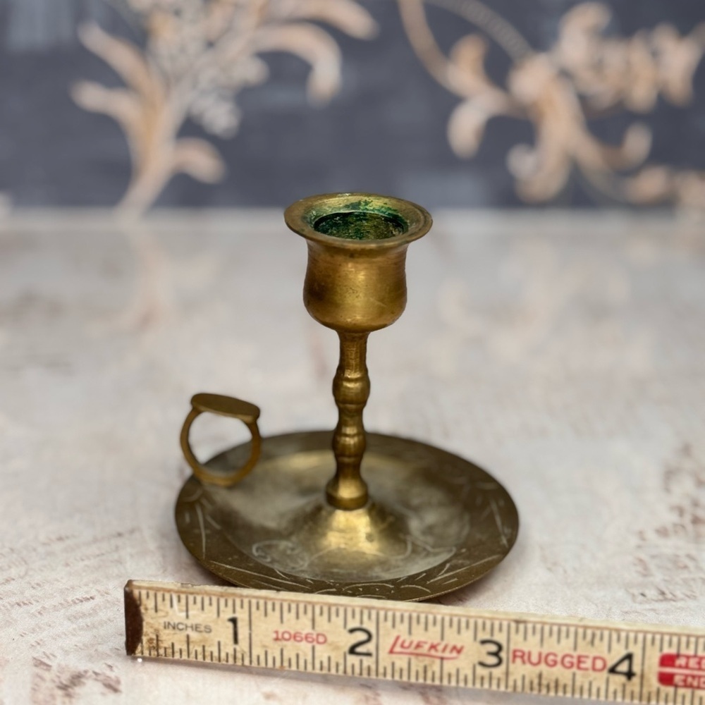 Vintage Chinese Brass Chamberstick Candlestick Carp Etched Saucer - Picture 6 of 9
